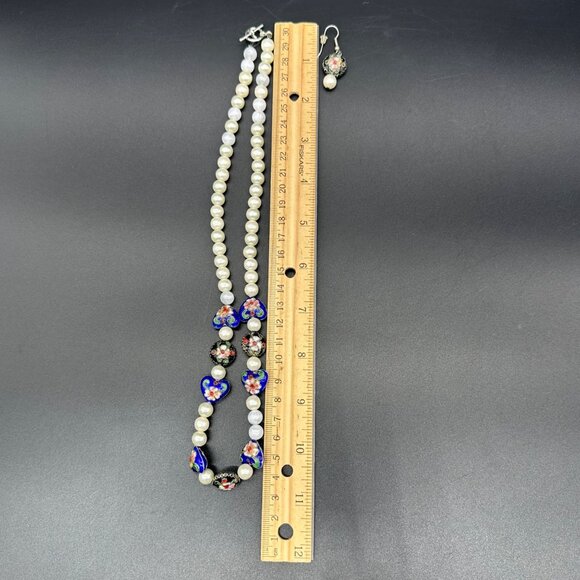 Vintage Cloisonne Floral Faux Pearl Necklace Earrings Set Heart Beads Blue Black - Picture 9 of 9
